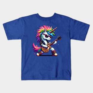 Pixel Rock Unicorn - Punk Style Electric Guitarist Kids T-Shirt